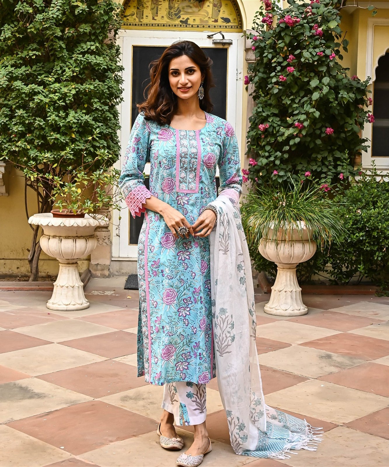 Pink & Sky Blue Fancy Kurti With Bottom Dupatta set