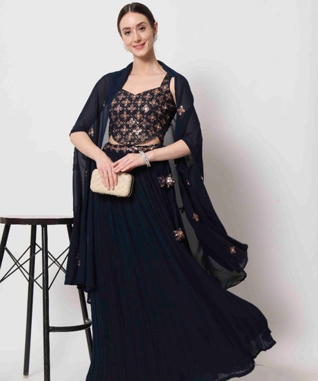 Navy Blue Crush Pattern Party Wear Lehenga