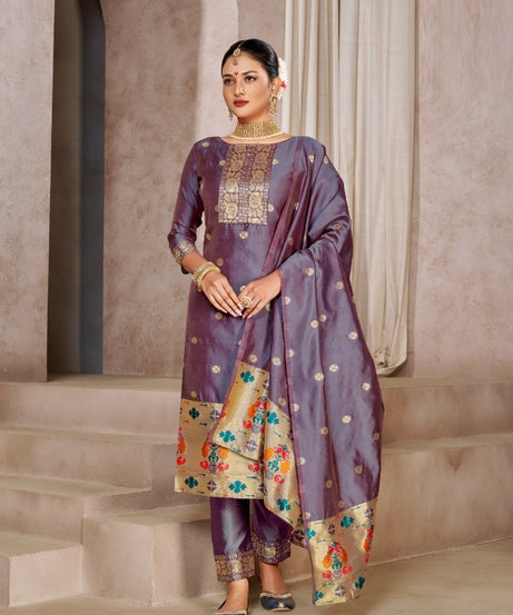 Purple Grey Pure Tapeta Silk Designer Dress Material