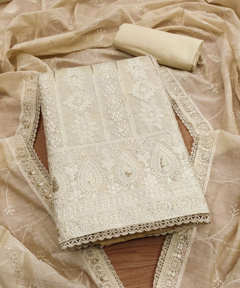 Beige Premium Banarasi Jacquard Dress Material