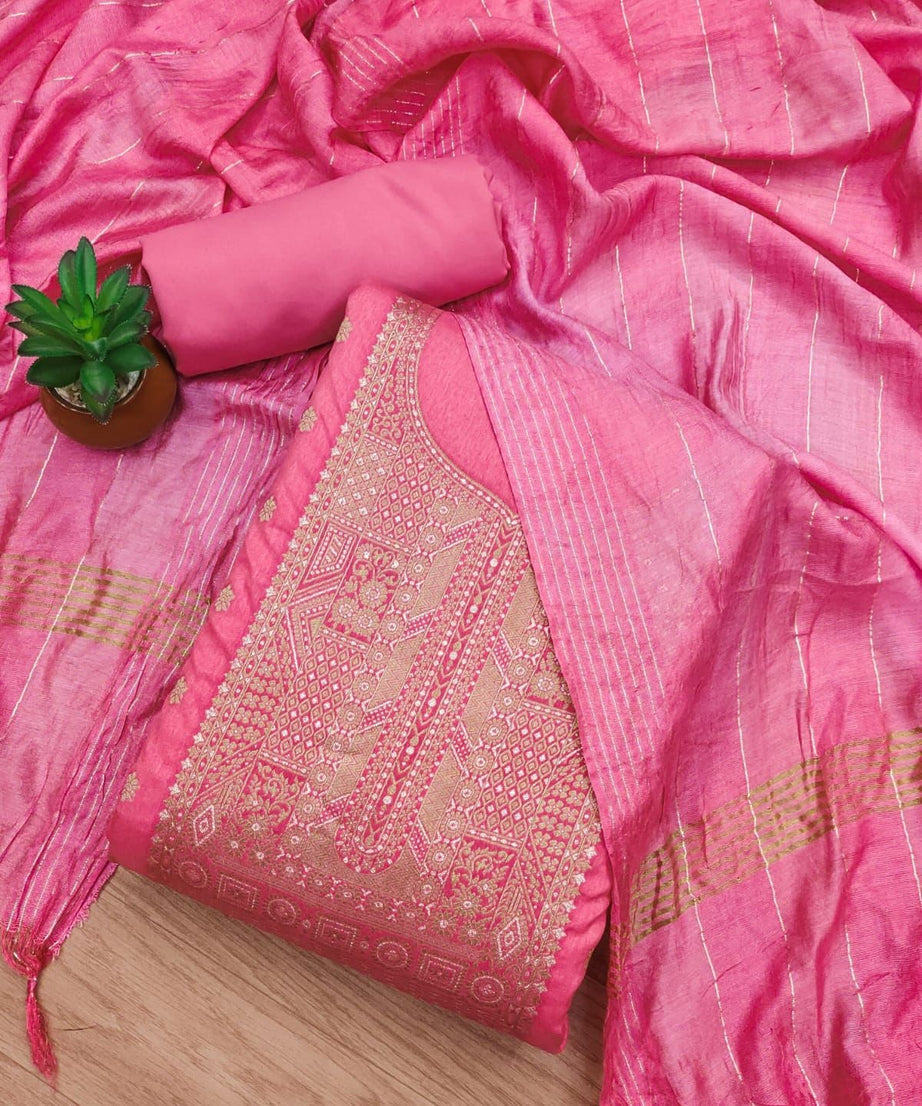 Rose Pink Dyable Dola Chanderi Jacquard Silk Dress Material