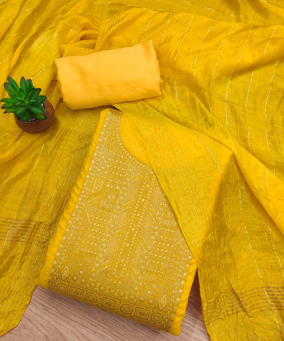 Orangey Yellow Dyable Dola Chanderi Jacquard Silk Dress Material