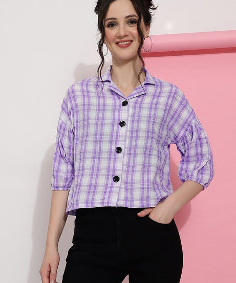 Lavender Purple Checks Casual Wear Women Shirt