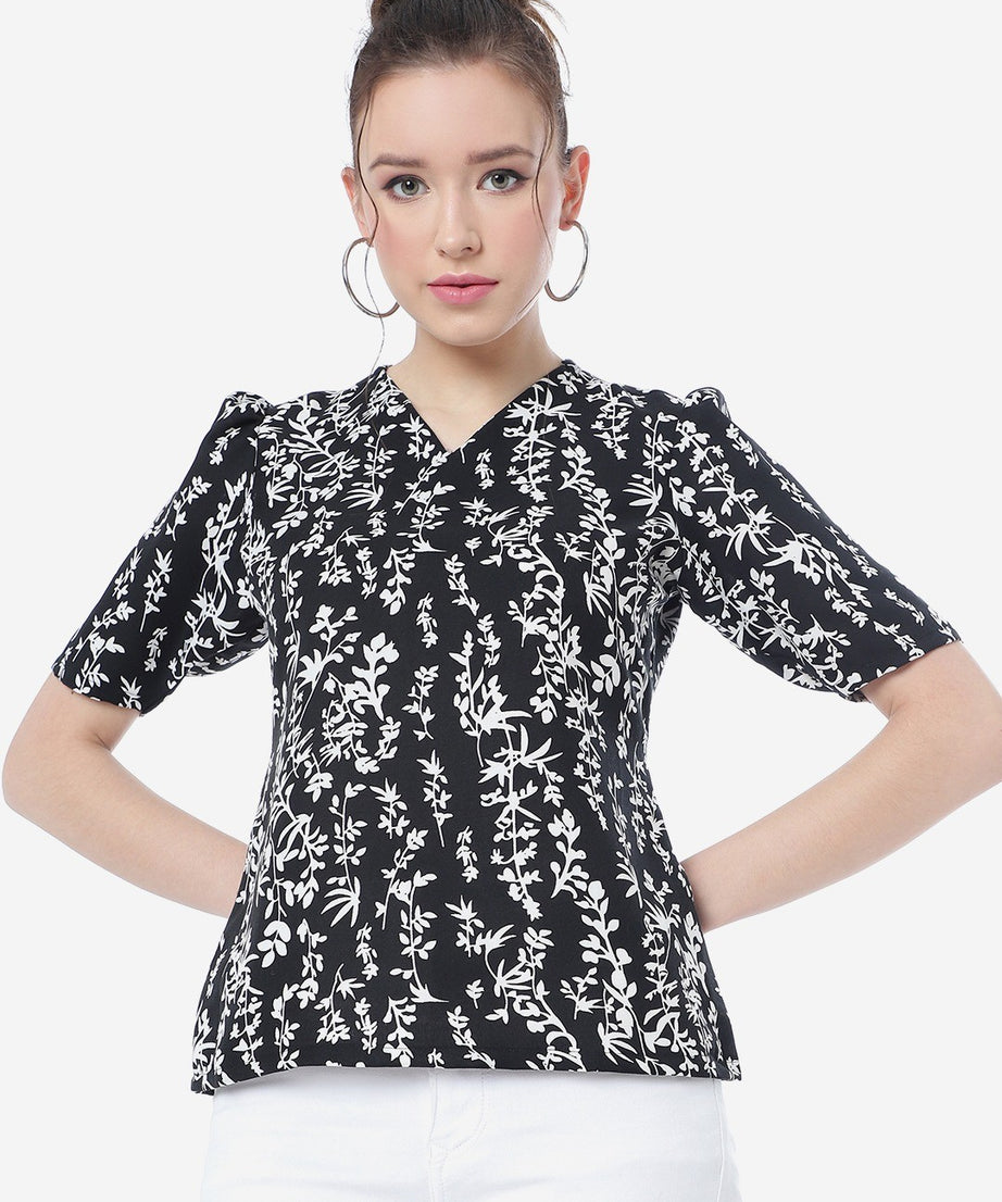 Black And White Floral Velly Casual Top