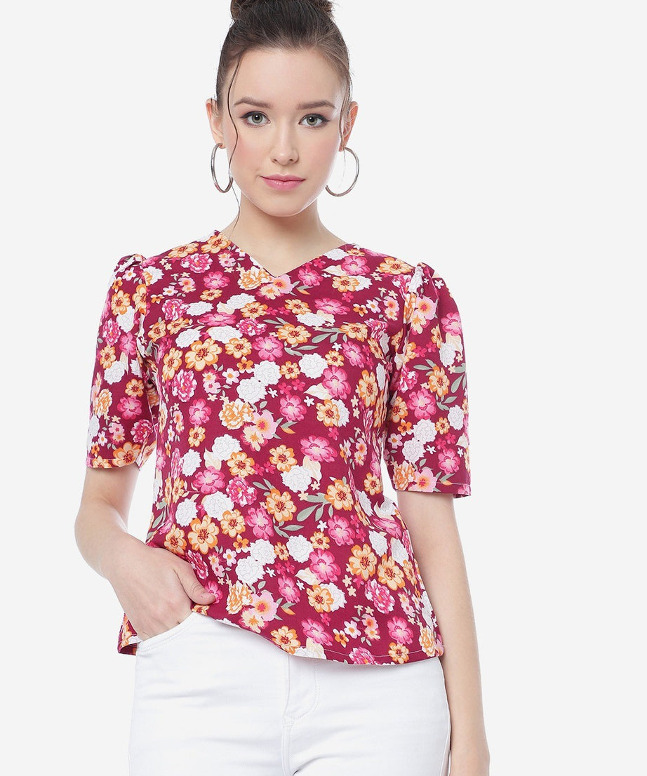 Deep Carmine Floral Printed Casual Top