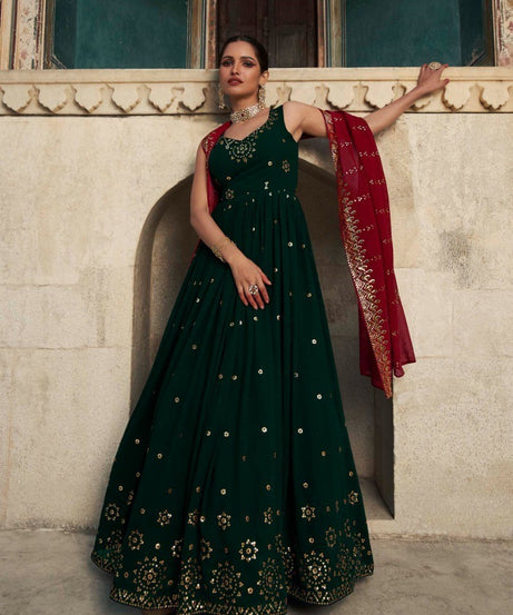 Dark Green Wedding Wear Women's Gown With Stylish Dupatta