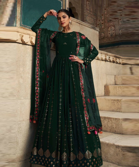 Green Women's Gown With Green Stylish Dupatta