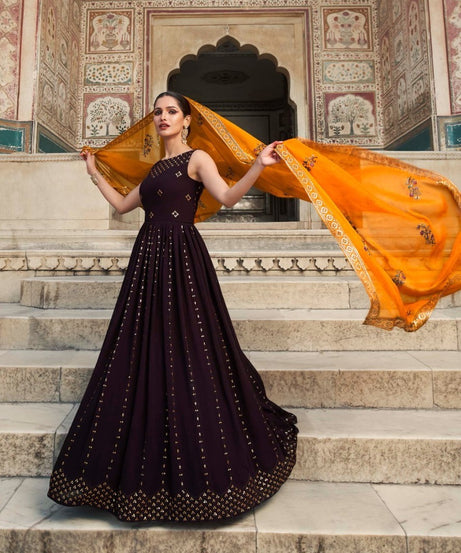 Purple Women's Gown With Mustard Yellow Dupatta