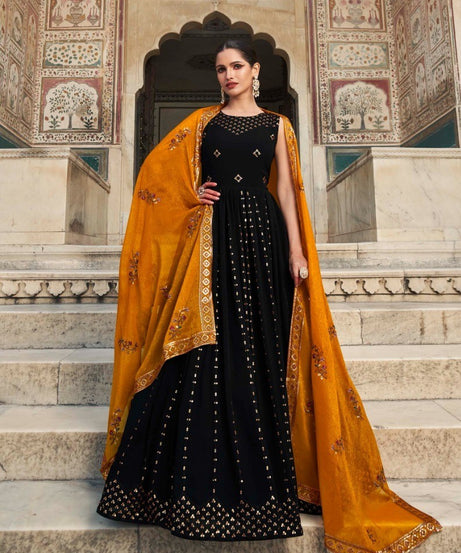 Black Women's Gown With Mustard Yellow Dupatta