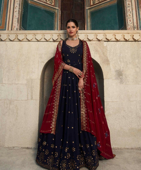 Navy Blue Women's Gown With Maroon Stylish Dupatta