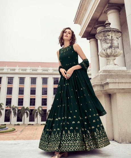 Dark Green Wedding Wear Women's Gown With Stylish Dupatta