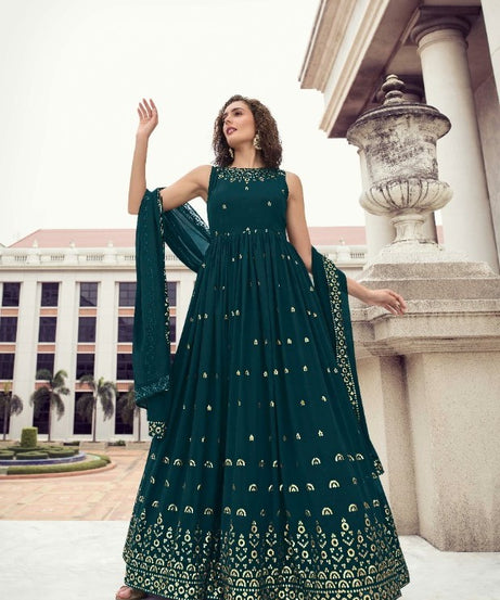 Rama Wedding Wear Women's Gown With Stylish Dupatta