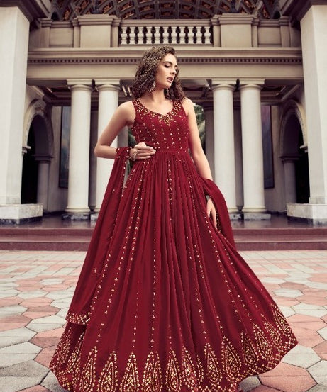 Maroon Wedding Wear Women's Gown With Stylish Dupatta