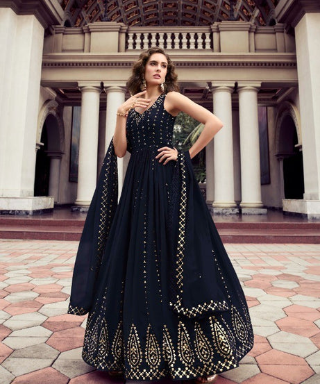 Dark Blue Wedding Wear Women's Gown With Stylish Dupatta