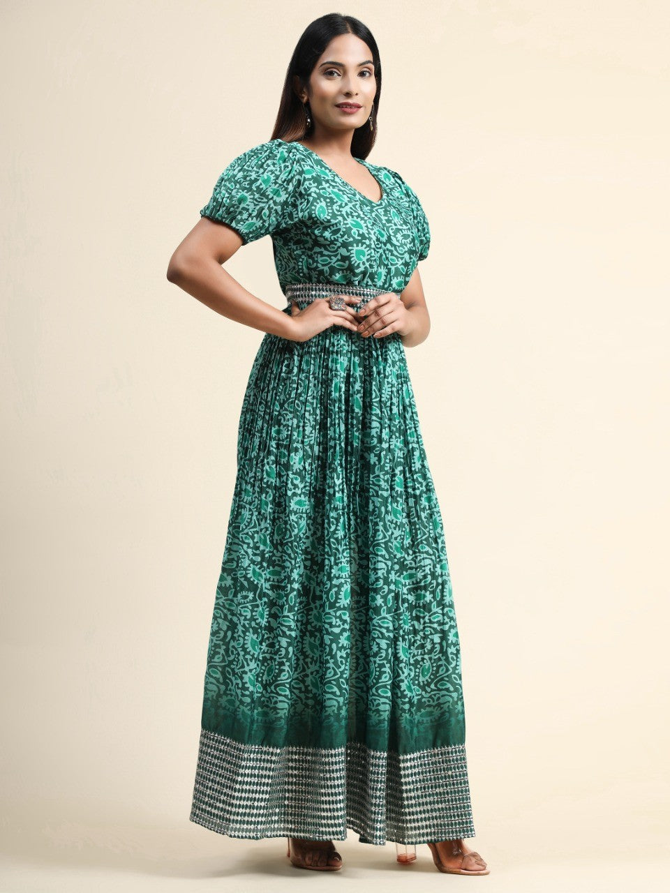 Dark Green Organza Long Gown For Women