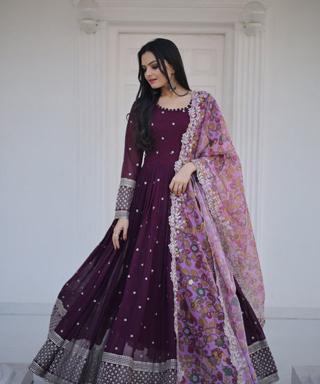 Womens Wine Color Embroidery And Zari Sequins work Party Wear Gown