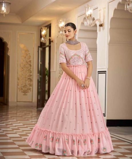 Semi-Stitched Stylish Pink Floral Embroidered Georgette Long Gown