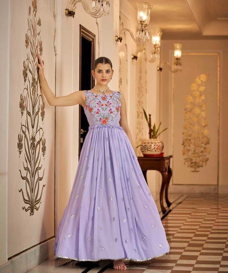 Semi-Stitched Stylish Lavender Floral Embroidered Georgette Long Gown