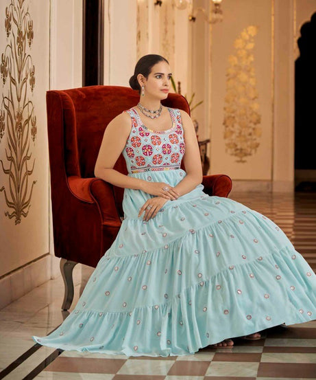 Semi-Stitched Stylish Sky Blue Floral Embroidered Georgette Long Gown