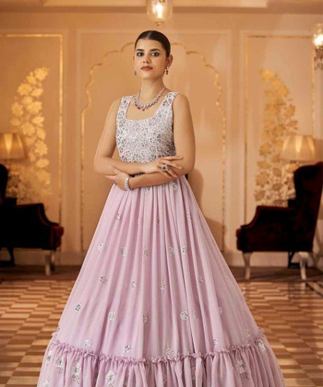 Semi-Stitched Stylish Dusty Pink Floral Embroidered Georgette Long Gown