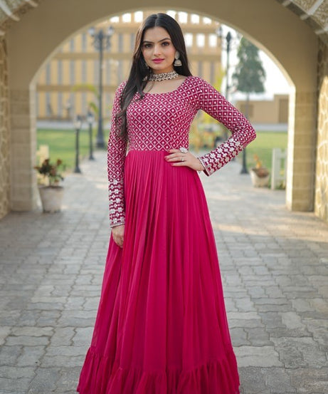 Stylish Pink Color Sequins With Embroidered Work Faux Georgette Long Gown