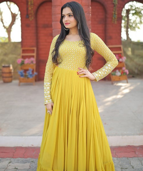 Stylish Yellow Colour Sequins With Embroidered Work Faux Georgette Long Gown