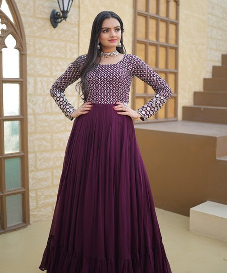 Stylish Purple Colour Sequins With Embroidered Work Faux Georgette Long Gown