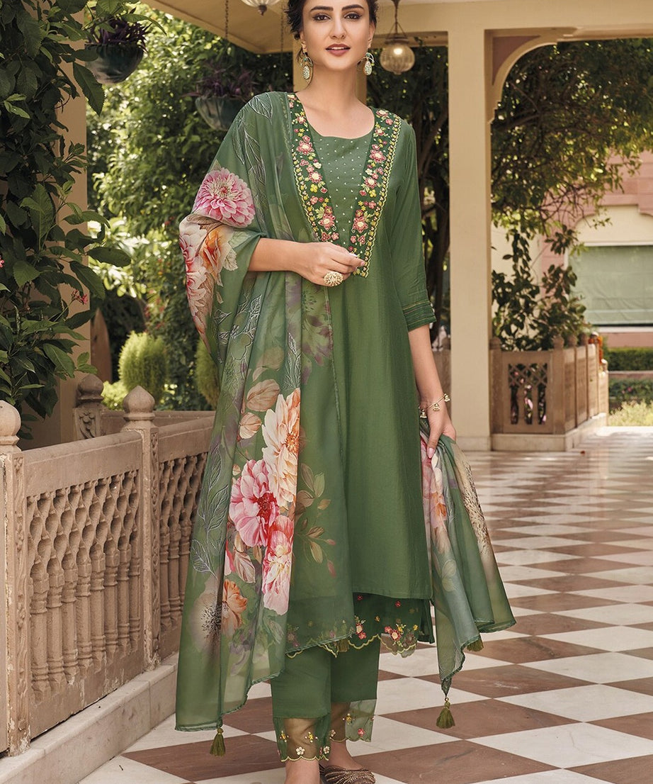 Green Party Wear Embroidered Kurta Set with Pant and Dupatta