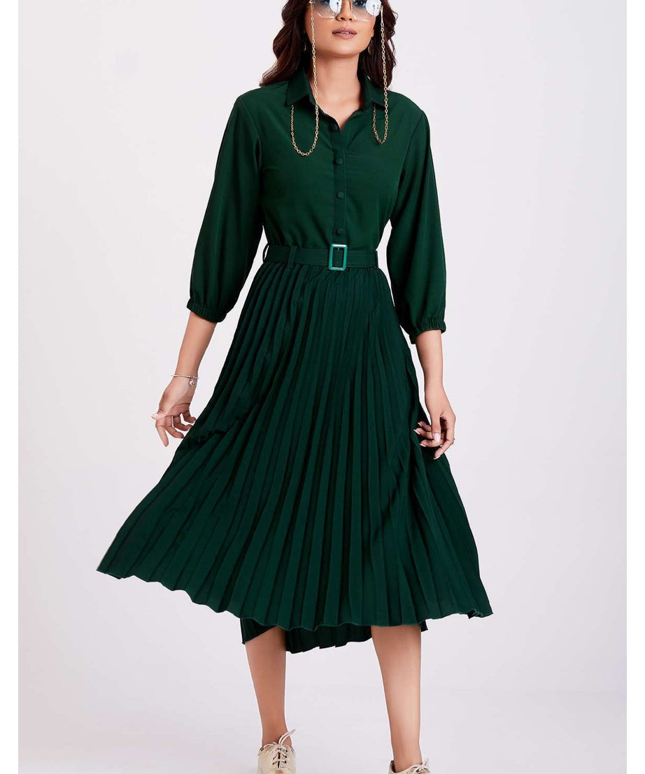 Green Pan Collar Pleated Western Wear dress for women