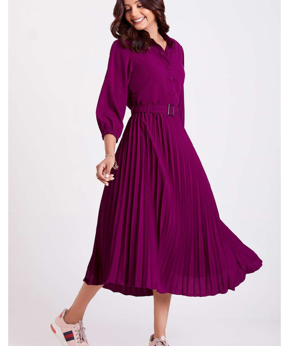 Purple Pan Collar Pleated Western Wear dress for women