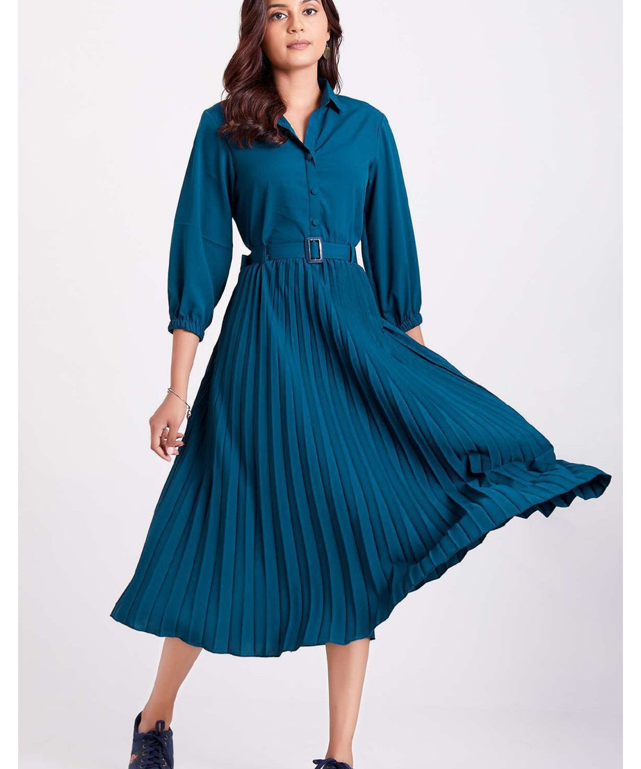 Teal Blue Colour Pleated Western Wear Drees For Women