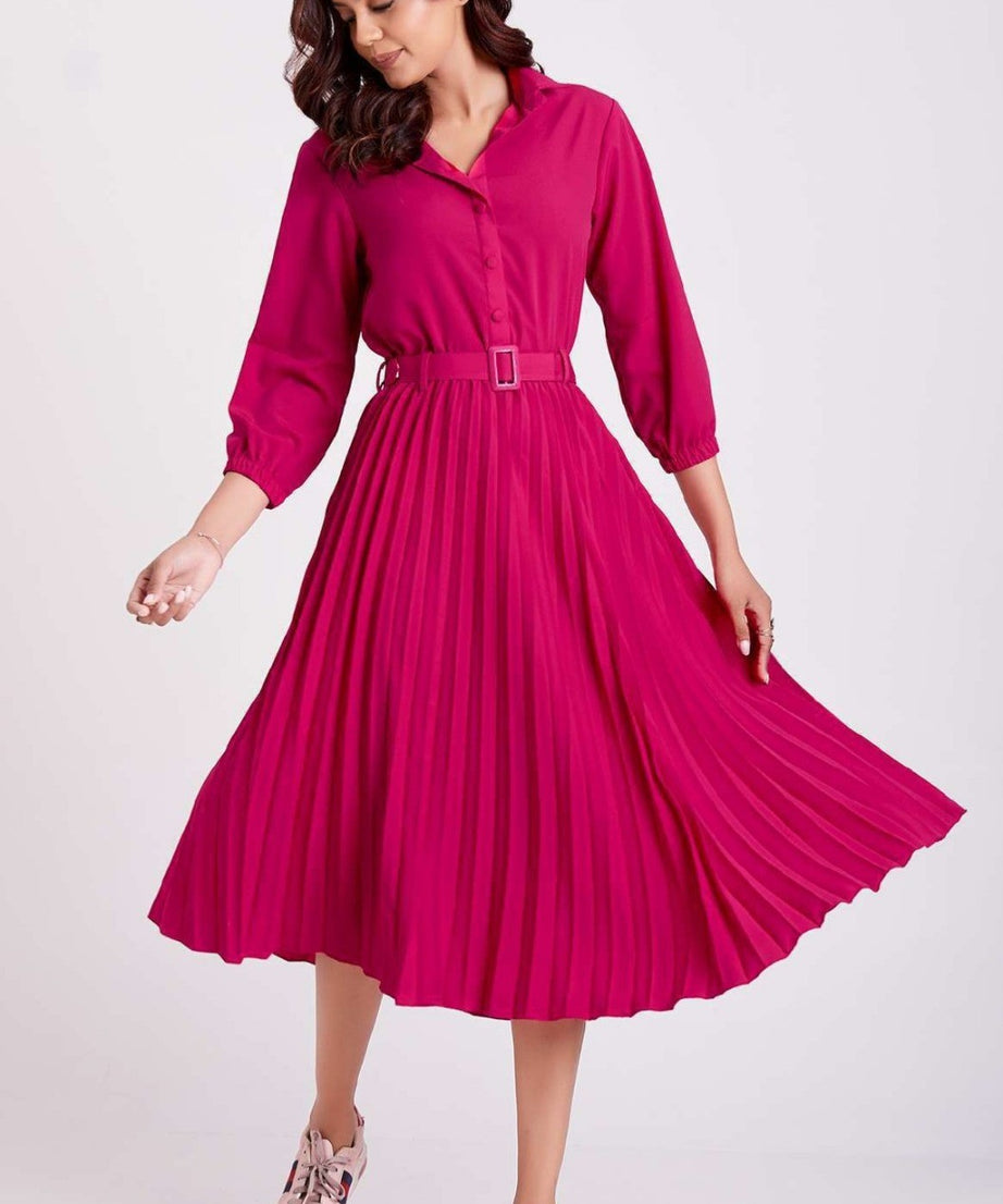 Milano Pink Pleated Shirt Dress For Women