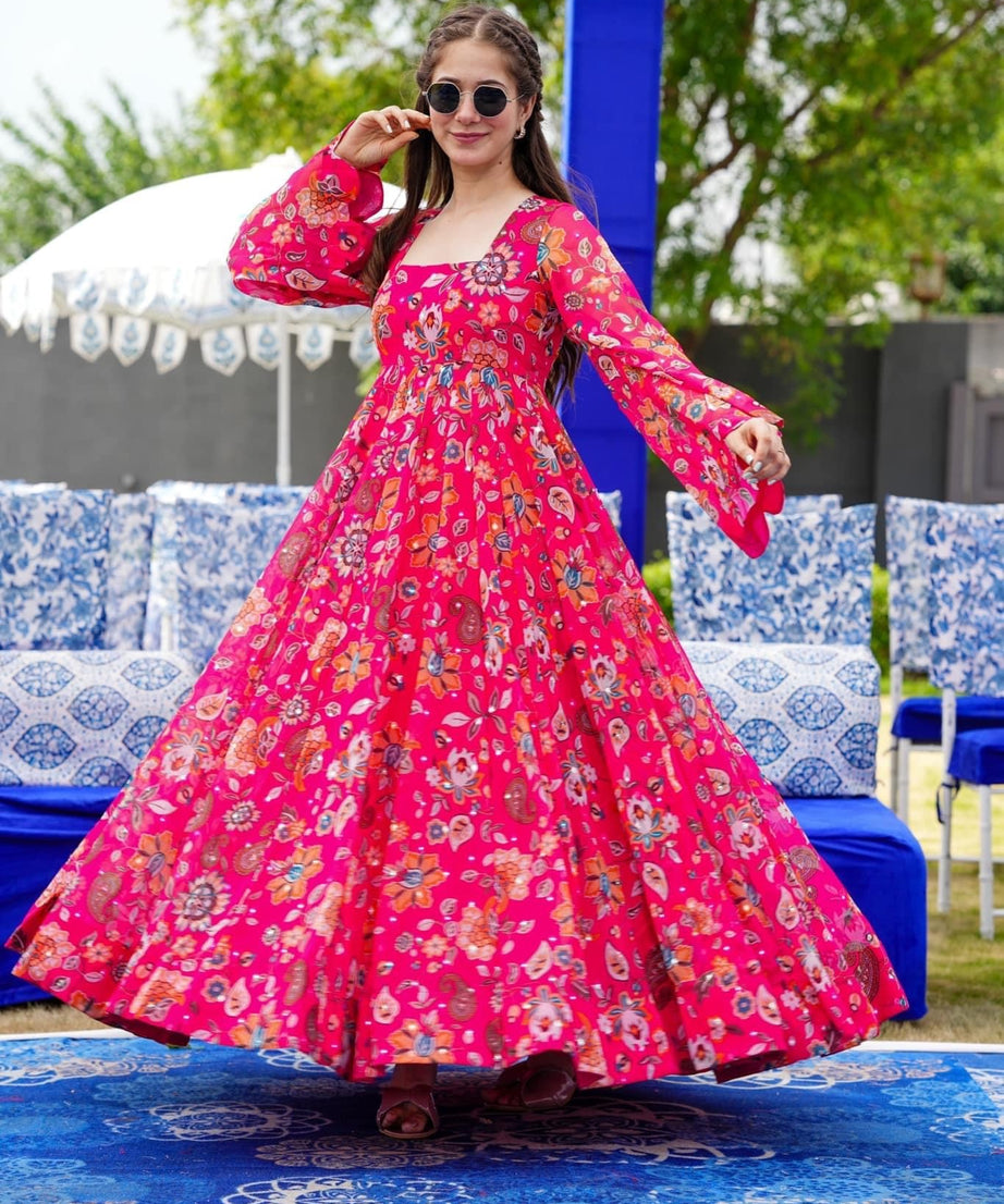 Pink Floral Designer and Stylish Full Flair Gown For Women