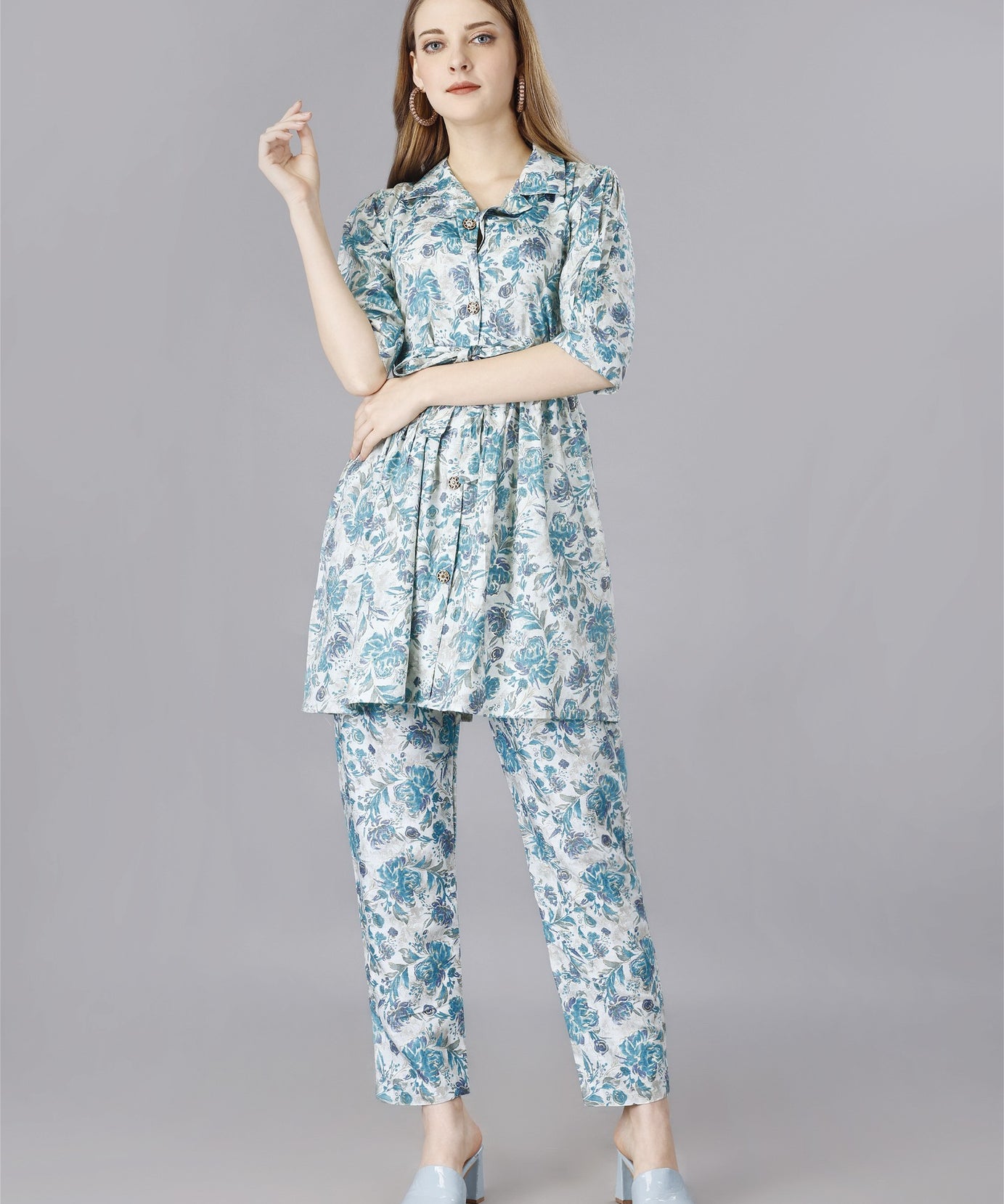 Printed  Blue 2-Piece Shirt & Trousers Set