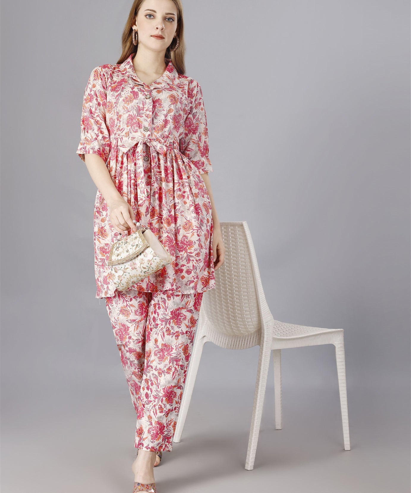 Printed pink 2-Piece Shirt & Trousers Set