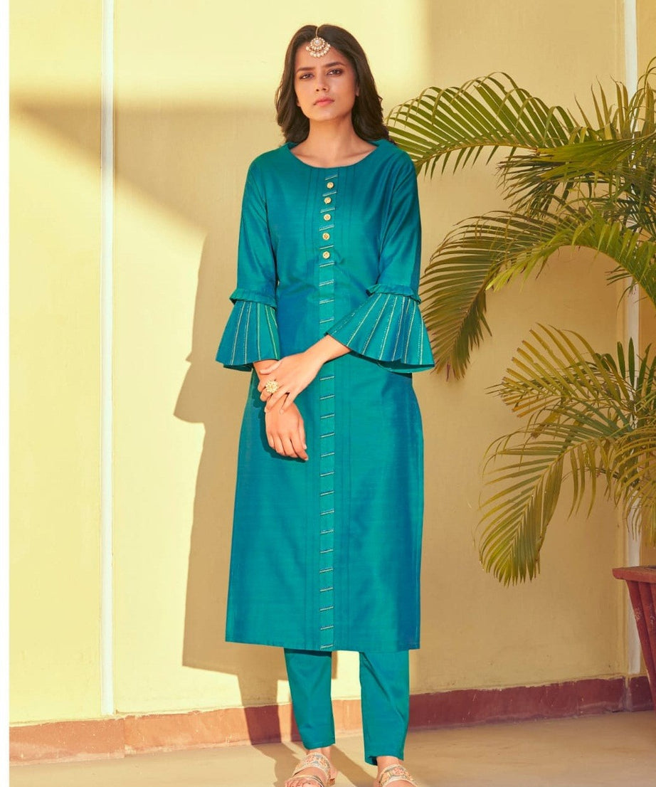 Teal Blue Latest Roman Silk Kurti With Pant