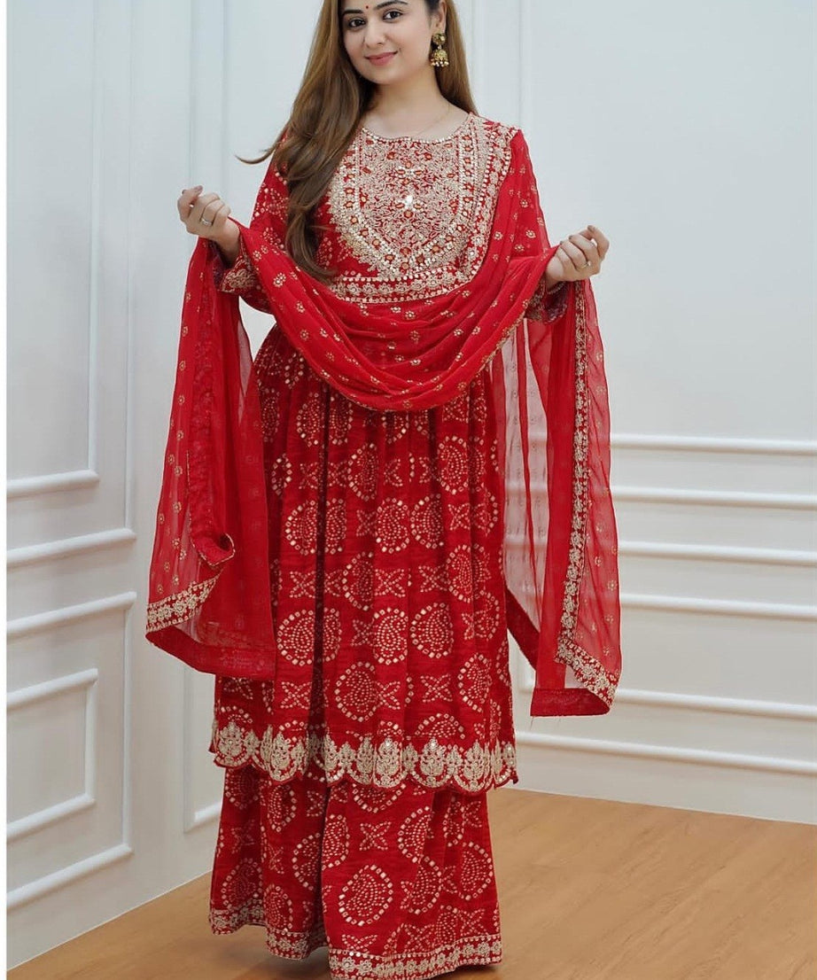 Bandhani Gold Zari Embroidery and Sequence Work Red Color Kurti With Sharara & Dupatta Suit Set