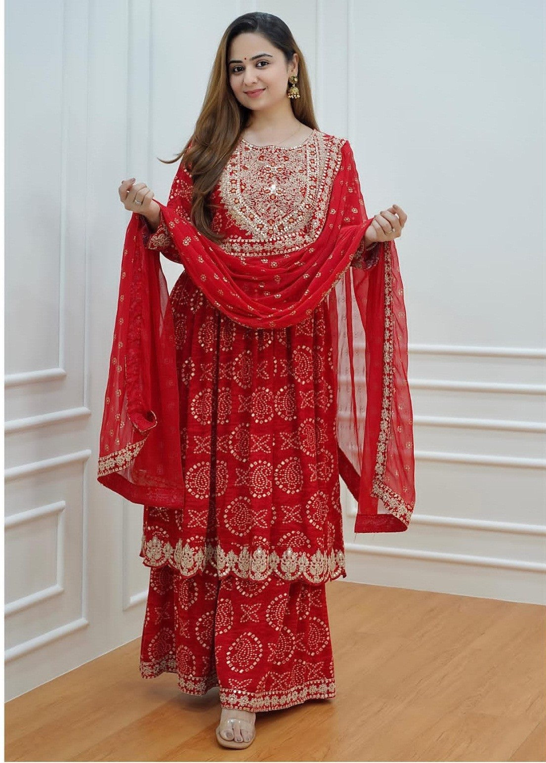 Bandhani Gold Zari Embroidery and Sequence Work Red Color Kurti With Sharara & Dupatta Suit Set