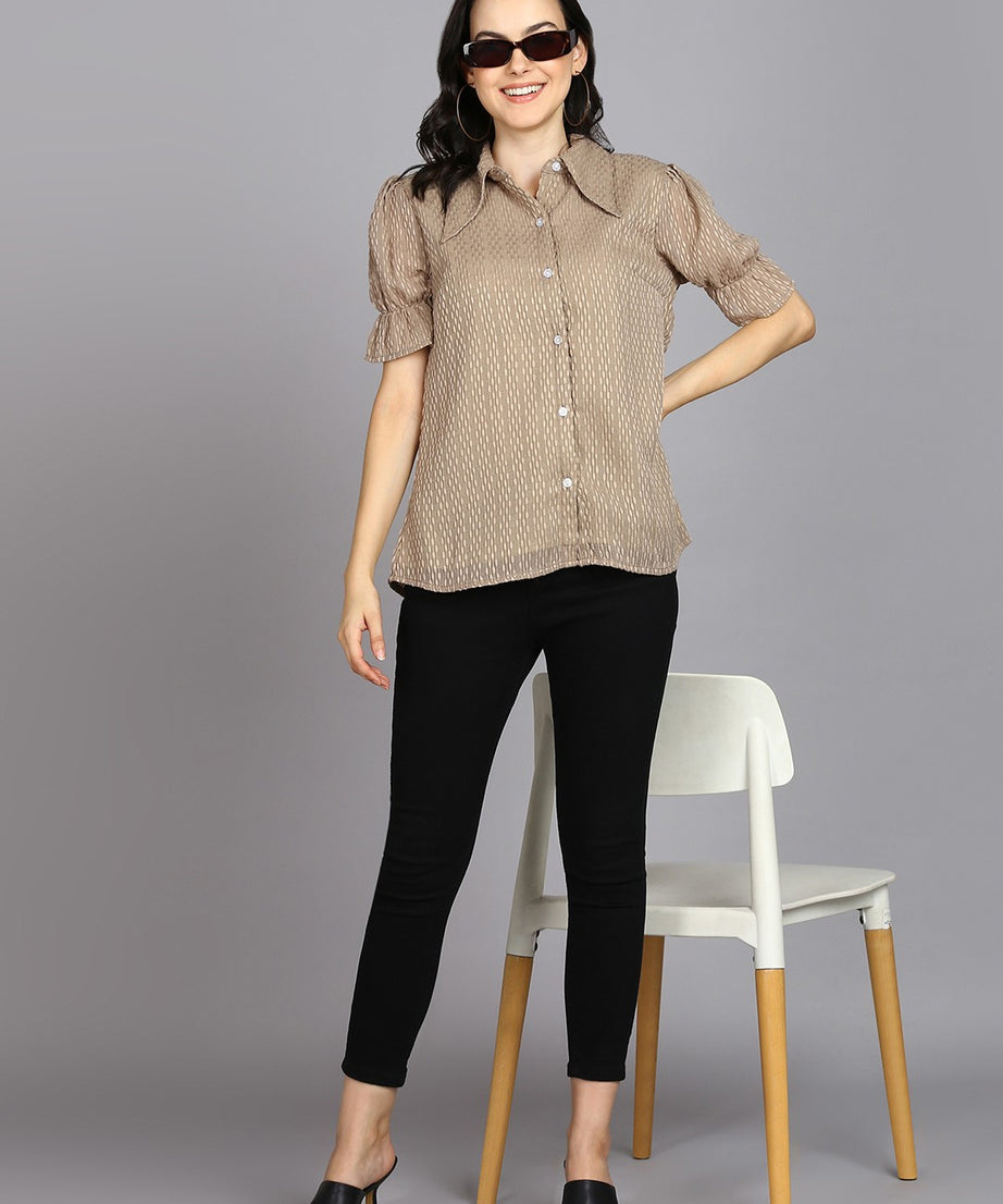 Beige Spread Collar Shirt with Short Sleeves