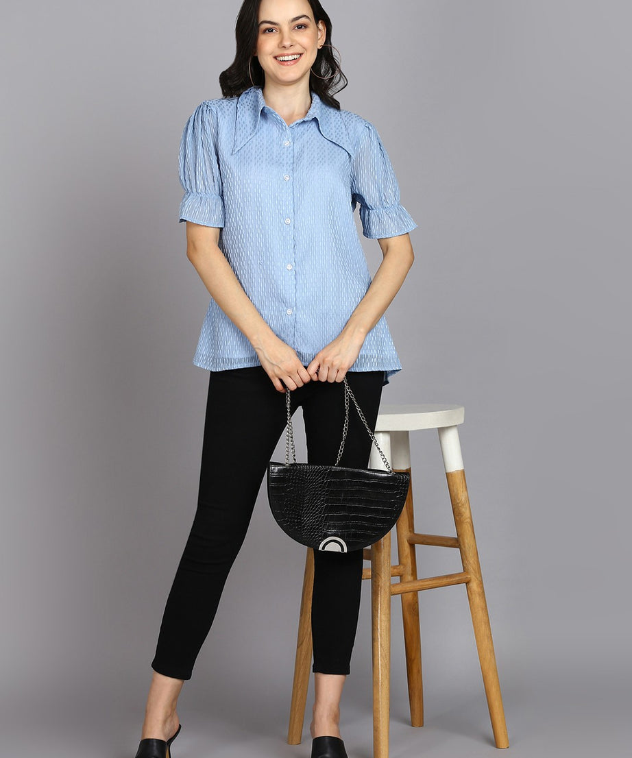 Casual Regular Sleeves Self Design Women Sky Blue Top