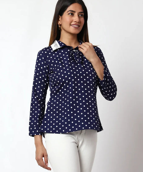 Casual Printed Women Dark Blue Round Neck Top