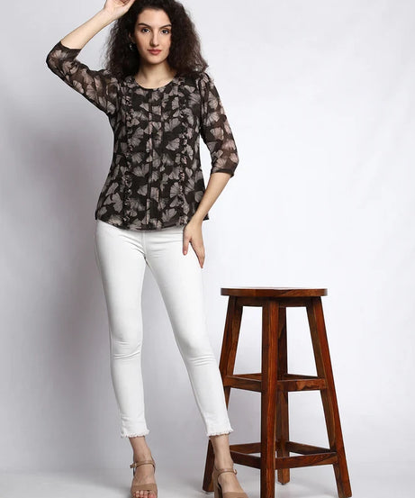 Casual Printed Women Black Round Neck Top