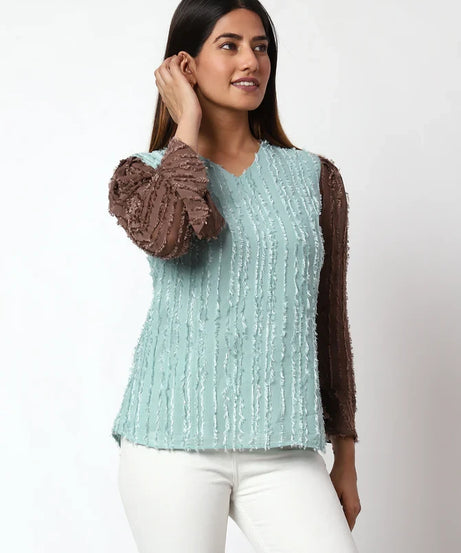 Casual Embellished Women Light Blue,Brown V-Neck Top