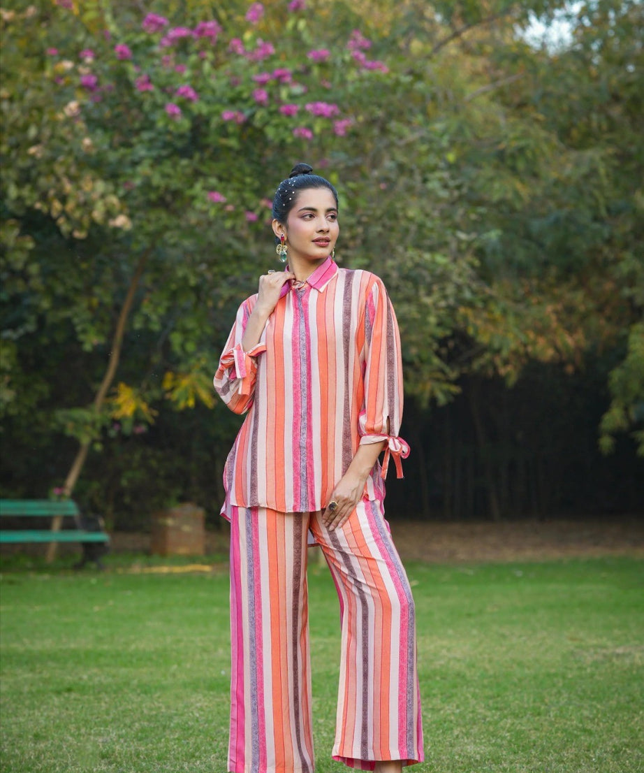 Multi Mull Cotton Candy Stripes Button Down Shirt With Palazzo Co-ord Set