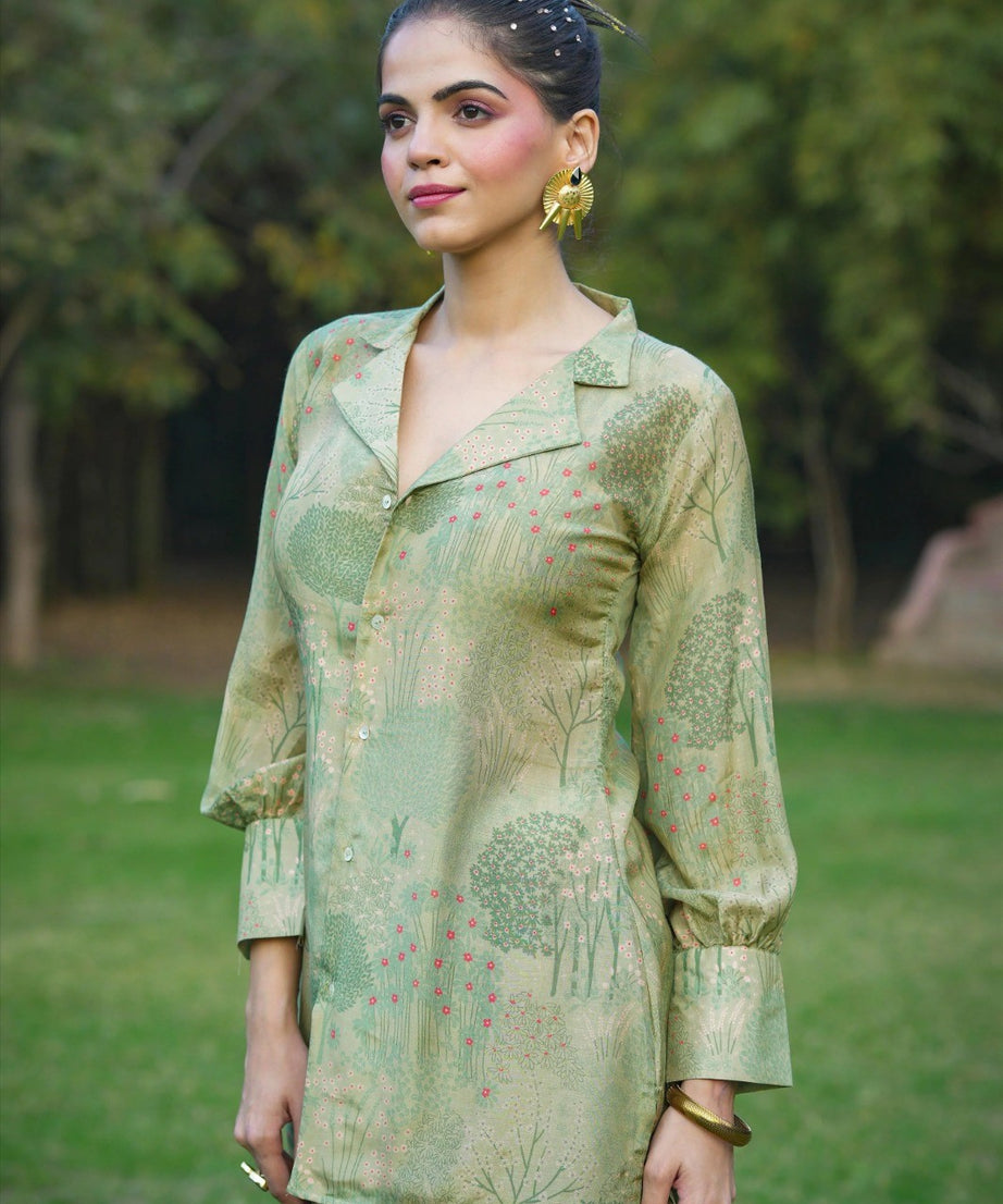 Green Digital Print Button-Down Shirt with Palazzo Set