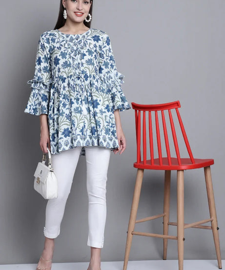 White & Blue Pure cotton Jaipuri Printed Short Top