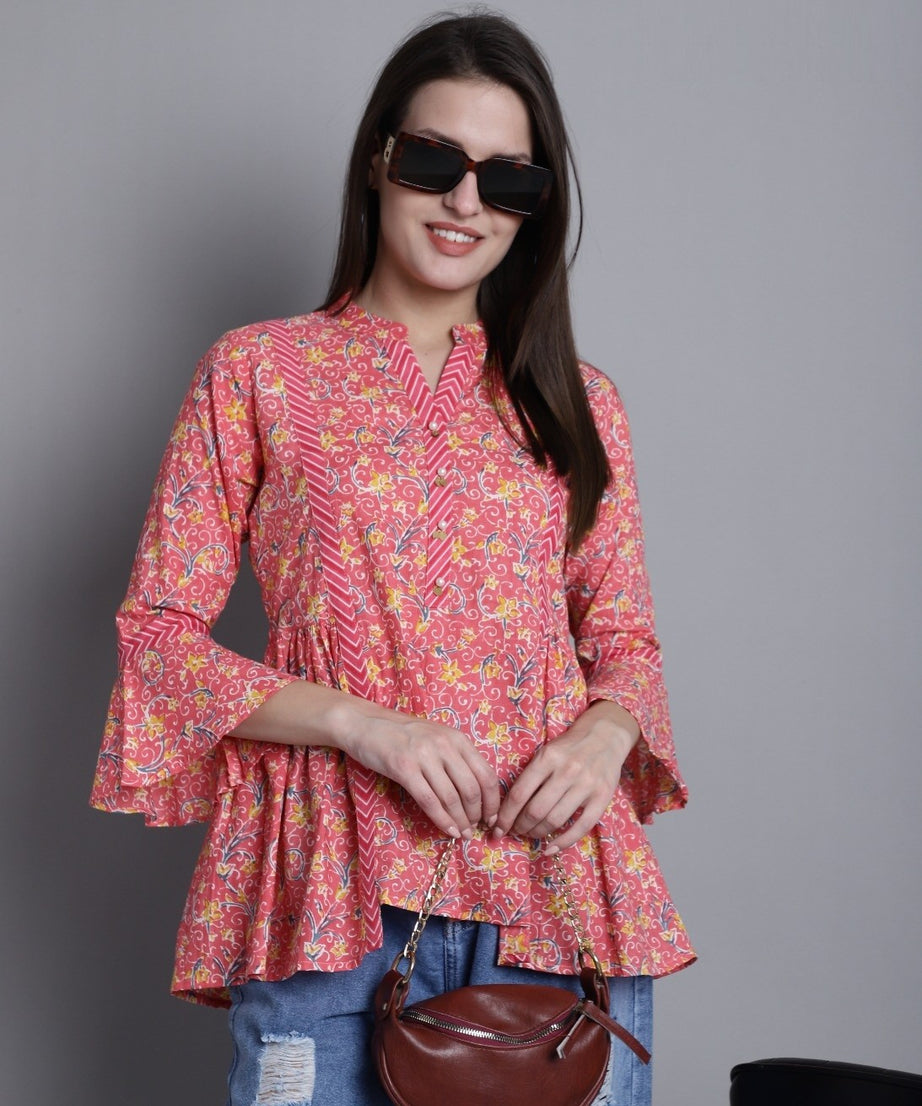 Peach Pure cotton Jaipuri Printed Short Top