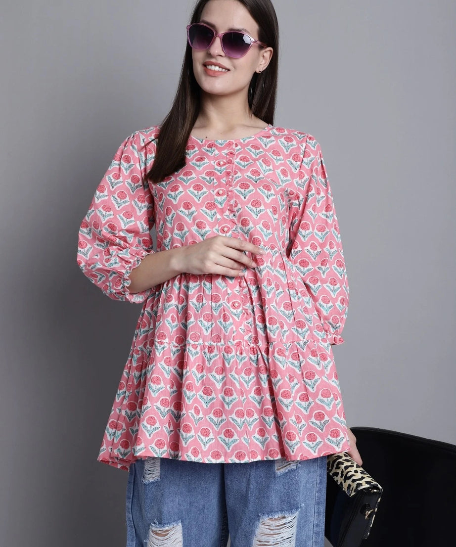 Pink  Pure cotton Jaipuri Printed Short Top