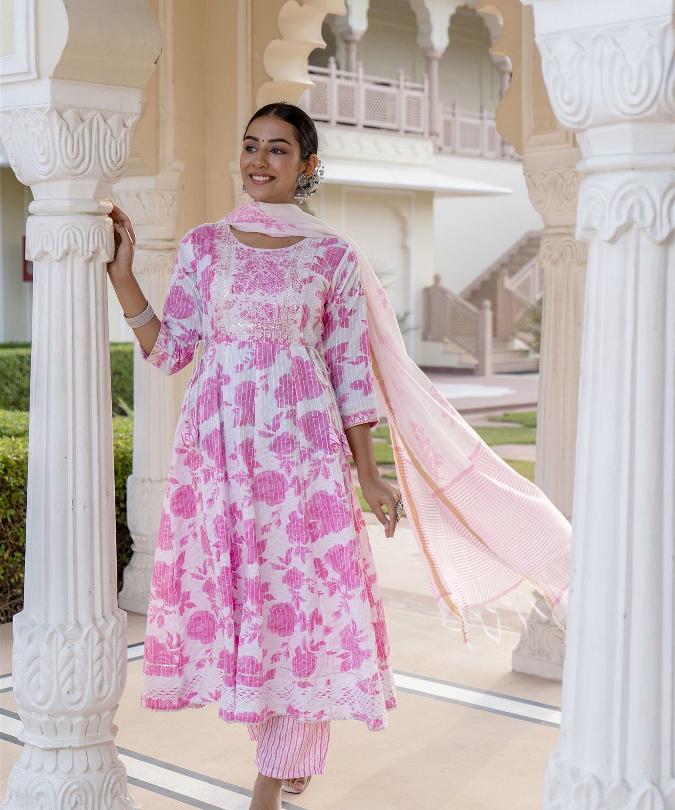 Chic Pink Rayon Kurta Pant Dupatta Set for Women