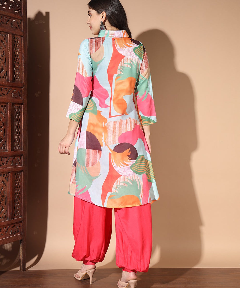 Multi Colour Digital Print Casual Kurta With Patiyala Set